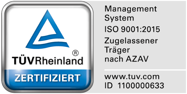 TÜV Siegel ISO 9001:2015 Zugelassener Träger nach AZAV